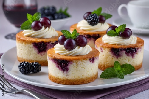 Wallpaper Mural Mini cheesecakes with berries and whipped cream topping sitting on white plate Torontodigital.ca