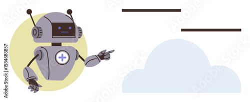 Robot with antennae and medical cross emblem gesturing toward a simple cloud shape, symbolizing technology, AI, and cloud computing. Ideal for innovation, healthcare, AI, technology, education