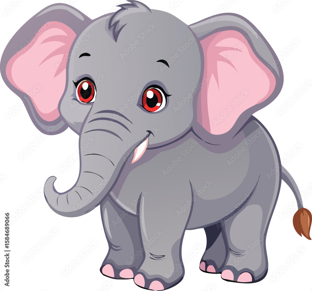 Fototapeta premium Cute cartoon baby elephant with pink ears and red eyes