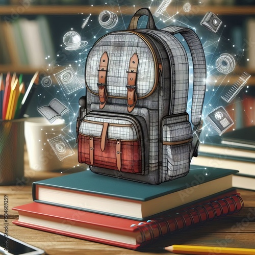 D wireframe model overlay of backpack on photo of real books aug