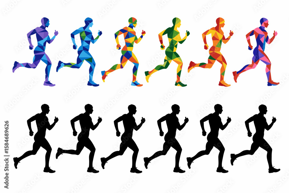 Obraz premium Colorful polygonal and silhouette figures of runners in motion, showcasing abstract athletic representations against a white background.