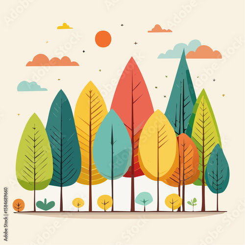 A flat vector illustration displays a collection of stylized, colorful trees with different shapes and bold silhouettes on a neutral beige background, arranged in a playful layout.