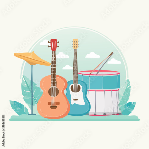 A flat vector illustration of three musical instruments – a blue violin, pink guitar, and yellow drum – drawn in minimal cartoon style on a light beige background.