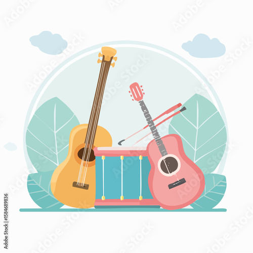 A flat vector illustration of three musical instruments – a blue violin, pink guitar, and yellow drum – drawn in minimal cartoon style on a light beige background.