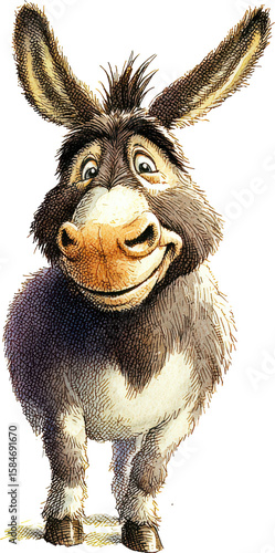 Whimsical cartoon donkey with large ears and a friendly smile isolated on transparent background
