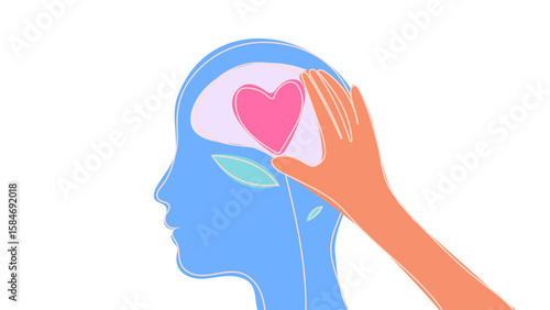 Mental health mind brain and love heart head silhouette vector doodle drawing illustration