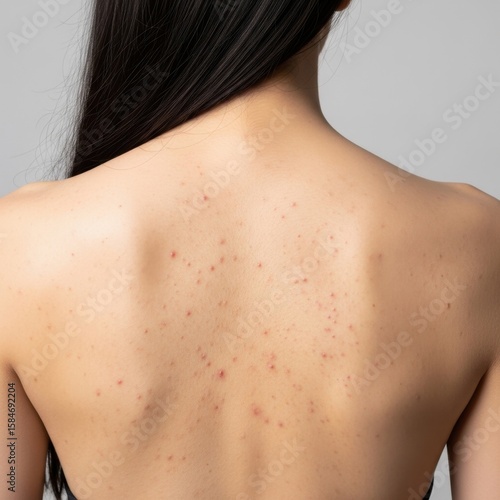 Close up of a woman's back showing acne, Skin imperfections on a woman's back