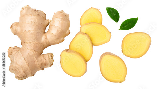 Fresh Ginger Root with Sliced Pieces and Green Leaves, Top View.