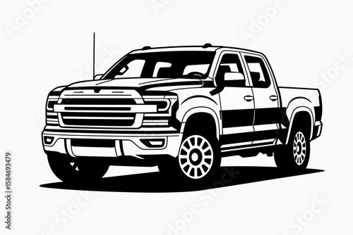 Illustration of a pickup truck with a crew cab, depicted in black and white with clear lines and a modern design.
