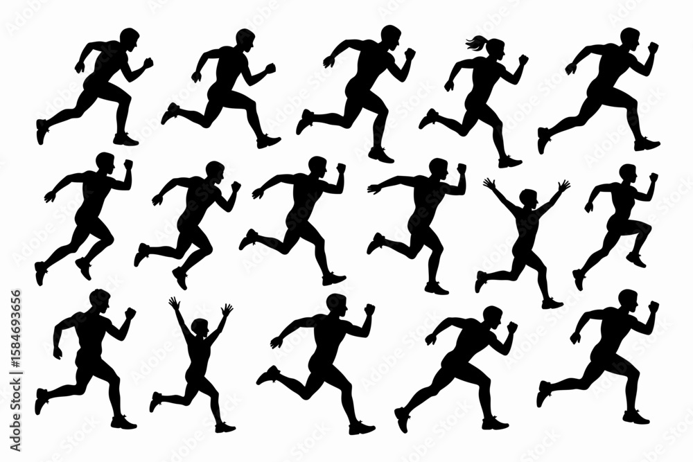 A collection of black silhouette figures running in a race or marathon, some with arms raised in victory, against a white background. A collection of black silhouette figures running in a race or marathon, some with arms raised in victory, against a white background.