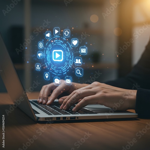 Person typing on laptop with glowing digital media icons and network connections