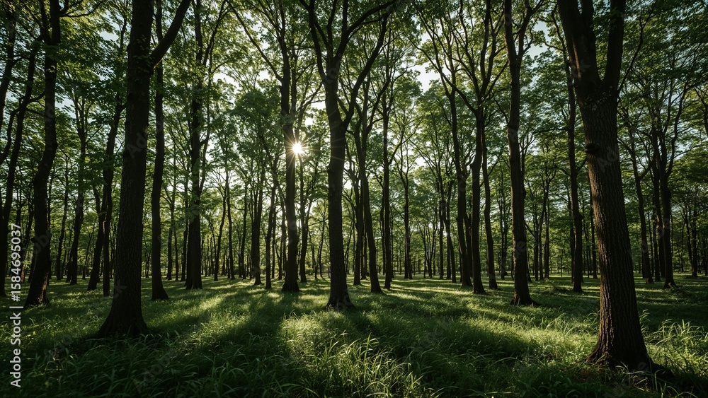 Obraz premium Sunlight filtering through a dense forest canopy.