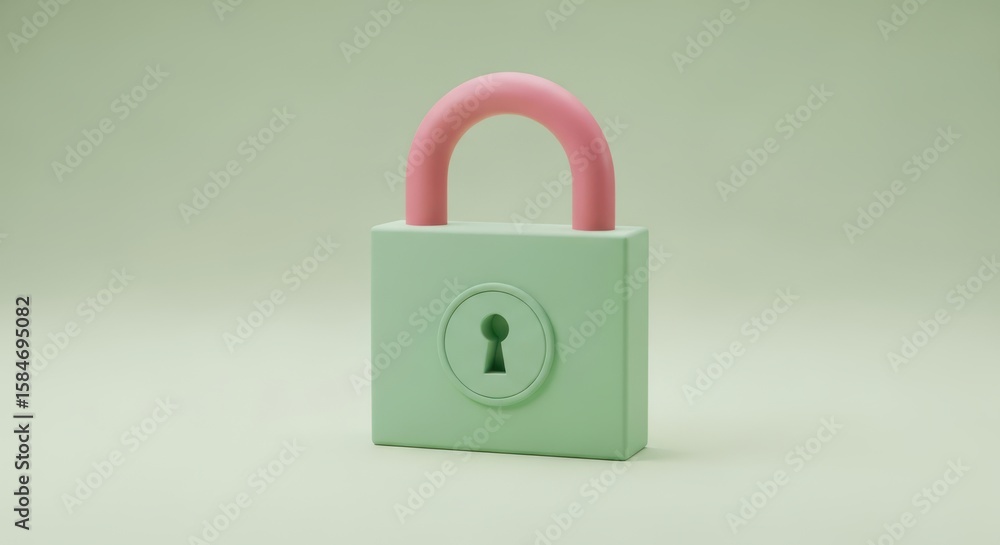 Fototapeta premium Photo of a light green padlock with a pink handle stands on a light green surface