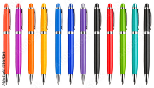 Array of Colorful Pens in a Row, Displaying Vibrant Hues and Sleek Design