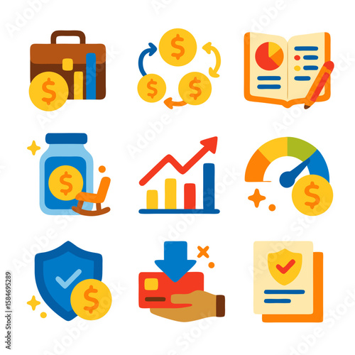 Colorful Financial Icons Representing Money Investment and Growth.