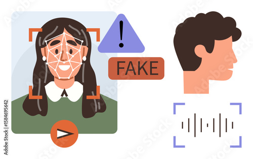 Female face with recognition markers, triangle warning alert, Fake label, male profile, and audio wave. Ideal for technology, security, AI, ethics digital identity fraud and deepfake detection