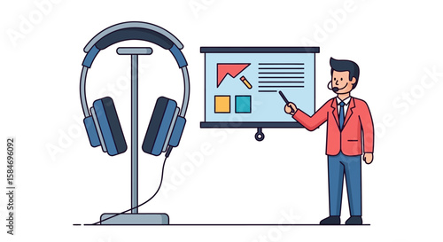 Businessman Presenting with Headset and Presentation Board.