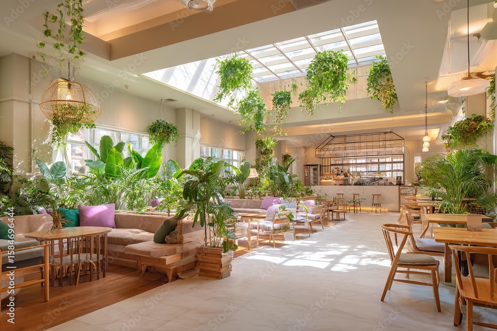 Obraz premium Indoor garden cafe restaurant design with plants and natural light