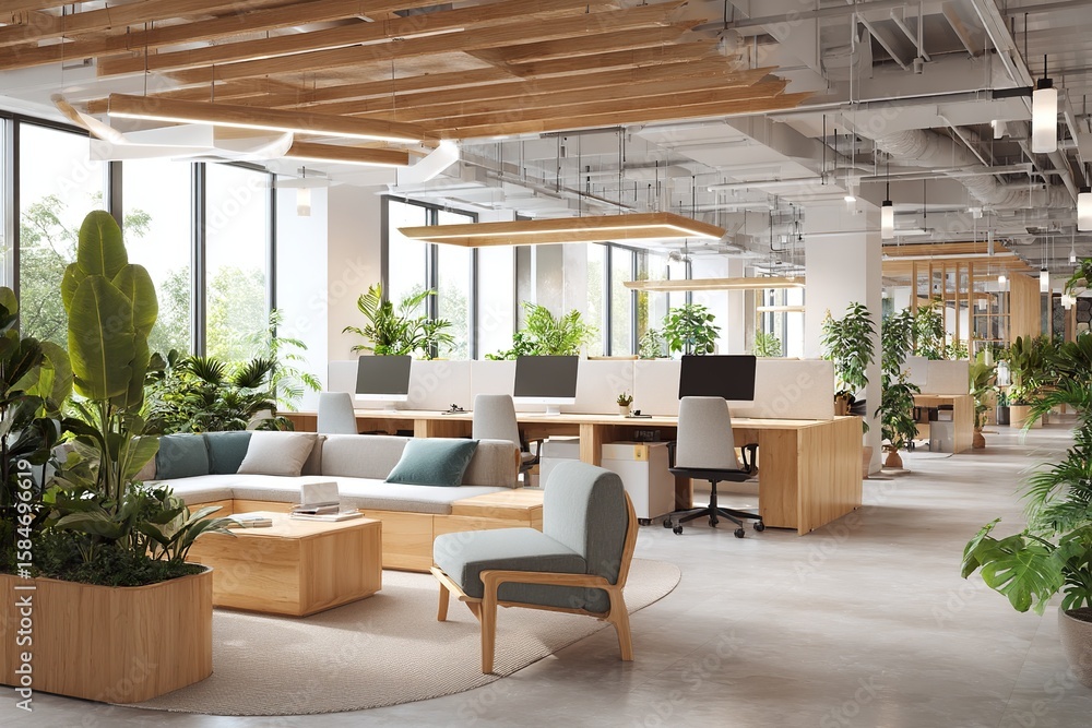 Fototapeta premium Modern office interior design with plants and natural light space