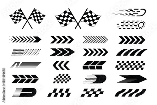 Racing Car Stripes Set with Checkered Flag, Finish Line, Motocross Labels, and Dynamic Speed Lines for Motorsport and Automotive Designs