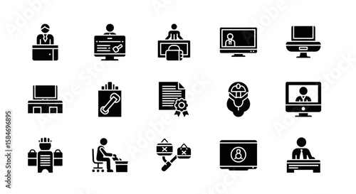 Black Icon Set Representing Various Professions and Activities.