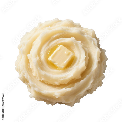 Creamy mashed potatoes with a melting pat of butter isolated on transparent background