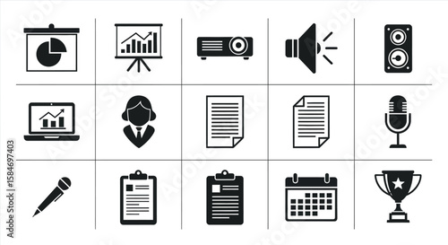 Collection of Black and White Business Icons.