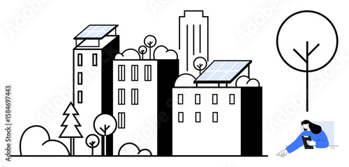 Urban scene with solar-equipped buildings, trees, and digital device use. Ideal for sustainability, green energy, technology, eco-friendly living, environment, innovation simple landing page