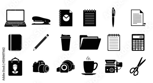 Collection of Black and White Office Supplies Icons.