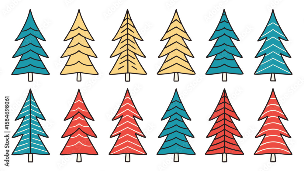 Obraz premium Teal yellow red pine trees with white stripes christmas trees