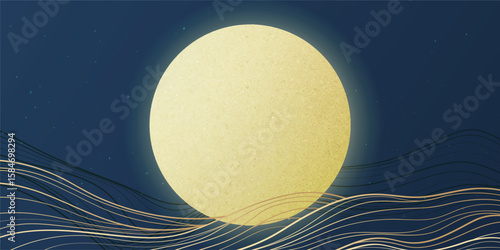 Elegant mid autumn vector card with gold moon and flowing wave patterns on dark background.