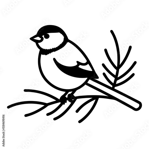 Charming line art of a chickadee perched on a delicate pine twig