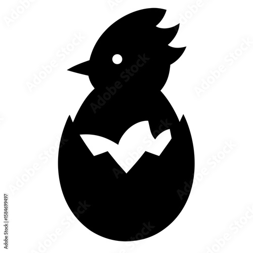 Simple silhouette of a baby chick emerging from a cracked eggshell