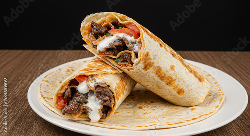 Delicious Shawarma Wrap: A mouthwatering shawarma wrap, bursting with succulent fillings and savory sauces, is presented on a plate and captures the essence of culinary delight. 