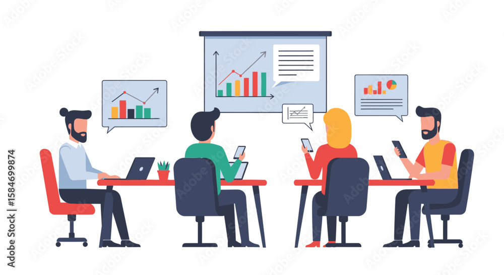 Fototapeta premium Team Meeting with Charts and Technology Illustration.