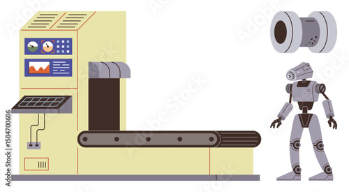 Robotic assembly line with conveyor belt producing humanoid robot parts. Ideal for automation, robotics, AI, manufacturing, future technology, industrial design, production lines. Represents a simple