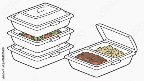 Styrofoam food containers stackable with meals for takeout delivery and leftovers storage illustration