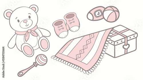 Baby shower gifts teddy bear rattle booties blanket and gift box vector illustration for baby girl party decor