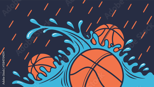 Basketball game in the rain with water splash vector illustration sports themed design for posters and banners