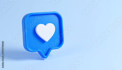 3D blue speech bubble with a white heart symbol, representing love, communication, and social media interaction against a light blue background