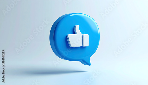 A 3D blue speech bubble with a white thumbs-up icon, symbolizing approval or positive feedback in digital communication
