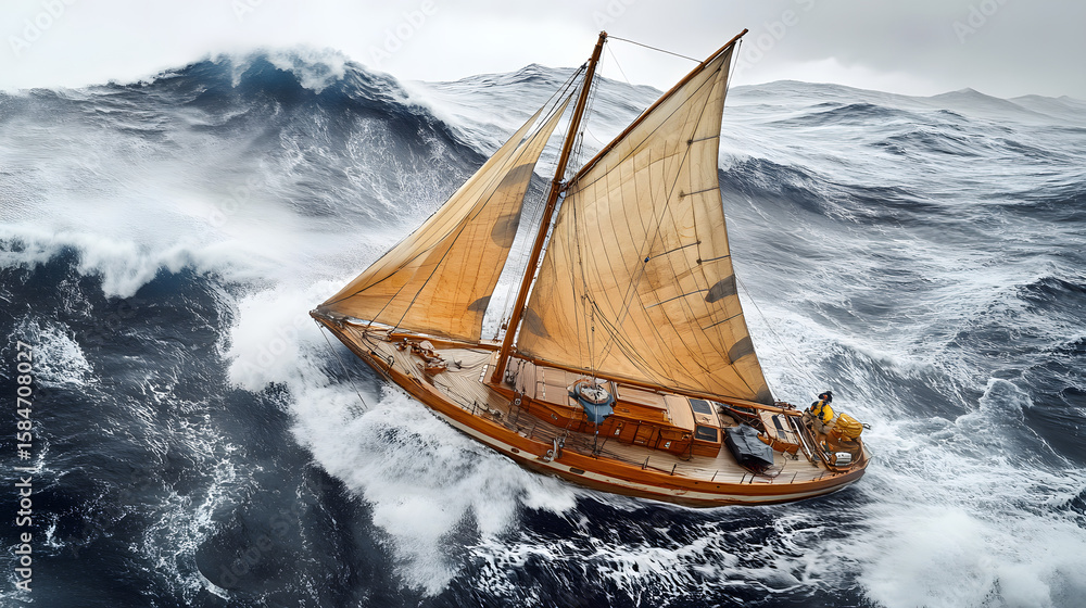 Obraz premium Sailboat Battling Waves in Intense Ocean Environment