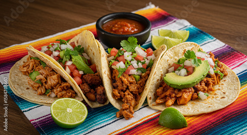 Tacos Trio Temptation: Three authentic tacos, brimming with savory fillings and fresh toppings, tempt the taste buds, set against the backdrop of a vibrant textile.