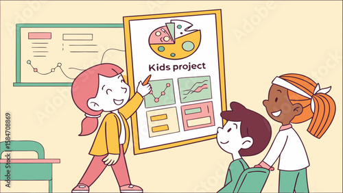 A girl presenting kids project with charts and graphs to classmates in a classroom setting illustration
