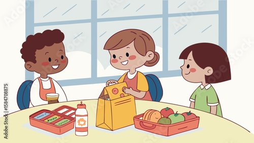 Children having lunch together at school, with lunchboxes and a bottle on the table near a window