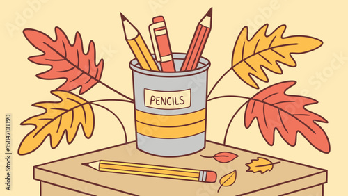 Still life featuring a pencil holder with pencils and pens surrounded by autumn leaves on a table