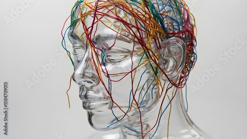 Minimalist scene showing a transparent glass head silhouette with tangled colorful threads inside, representing mental health and anxiety, clean white background,Generative Ai
