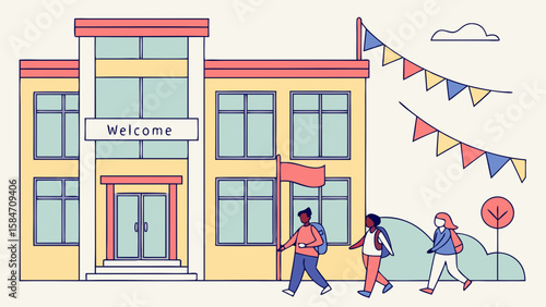 Illustration of students arriving at a school building with a welcome sign and festive decorations outside