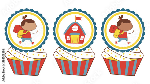 Three cupcake toppers featuring a girl with a backpack and a schoolhouse on a white background image