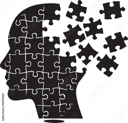 Black head profile puzzle pieces scattering white